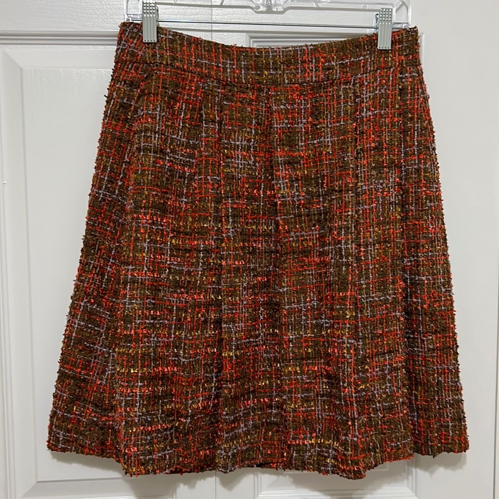 J. Crew Tweed Orange Brown Pleated Skirt Size 6